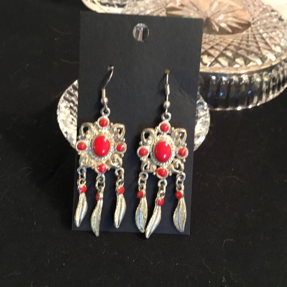 Silvertone and Red Drop Earrings